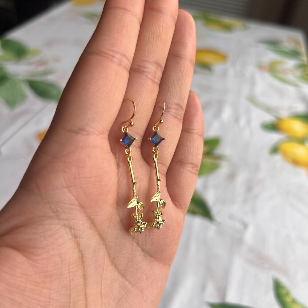 Novelty Sapphire Blue Topaz Rose Earrings, Spring Rose Casual Fun Gift Earrings - Picture 3 of 7